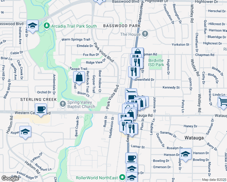 map of restaurants, bars, coffee shops, grocery stores, and more near 5440 Trout Creek Court in Watauga