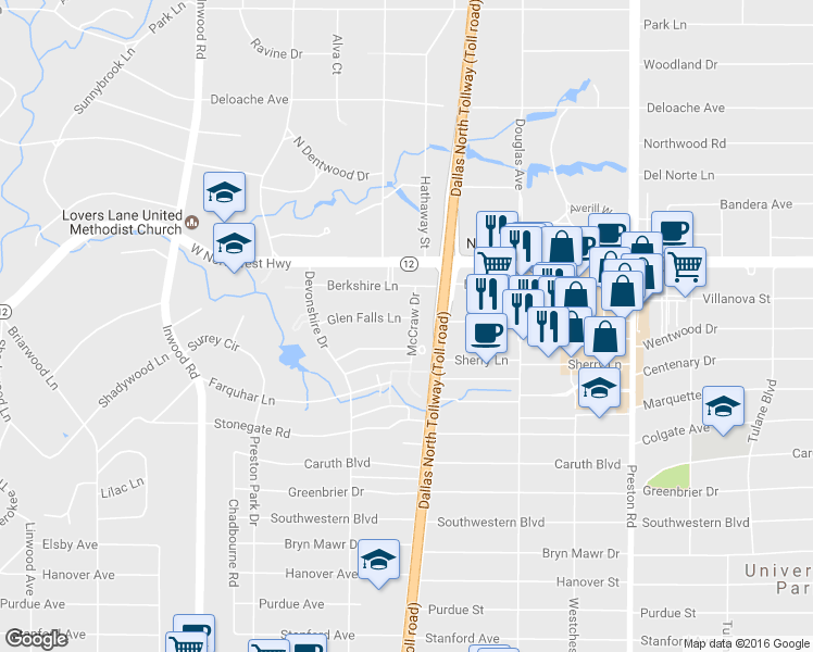 map of restaurants, bars, coffee shops, grocery stores, and more near 5818 Glen Falls Lane in Dallas