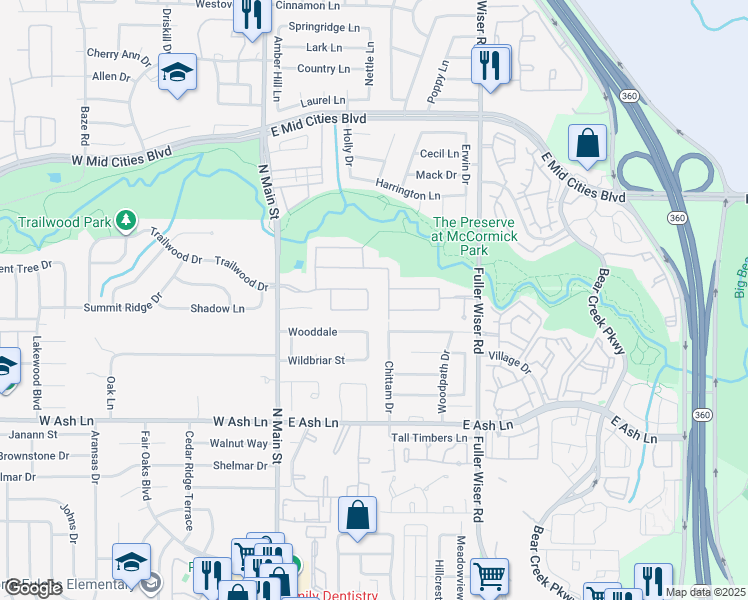 map of restaurants, bars, coffee shops, grocery stores, and more near 1906 Fountain Wood Drive in Euless