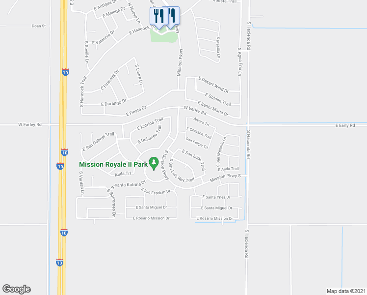 map of restaurants, bars, coffee shops, grocery stores, and more near 2558 East San Isido Trail in Casa Grande