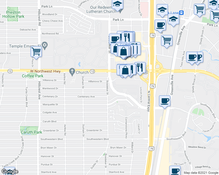 map of restaurants, bars, coffee shops, grocery stores, and more near 8306 Boedeker Drive in Dallas