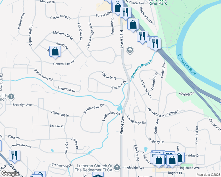 map of restaurants, bars, coffee shops, grocery stores, and more near 2734 Gwinnett Drive in Macon