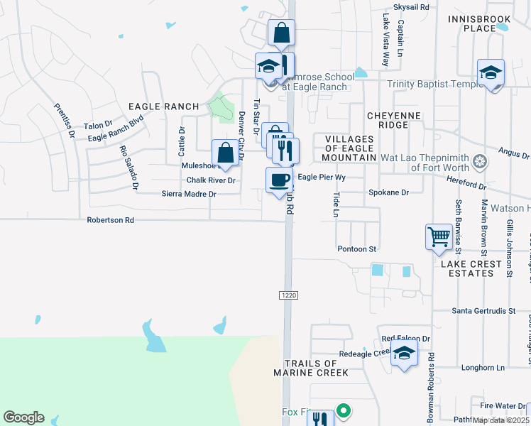 map of restaurants, bars, coffee shops, grocery stores, and more near 6464 Robertson Road in Fort Worth