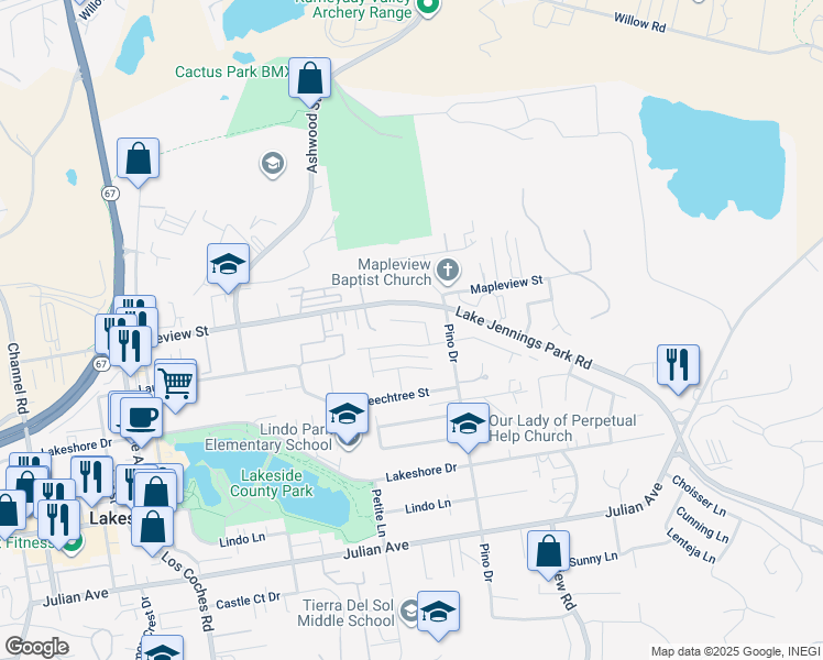 map of restaurants, bars, coffee shops, grocery stores, and more near 13135 Pam Lane in Lakeside