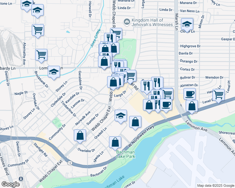 map of restaurants, bars, coffee shops, grocery stores, and more near 3440 Webb Chapel Extension in Dallas
