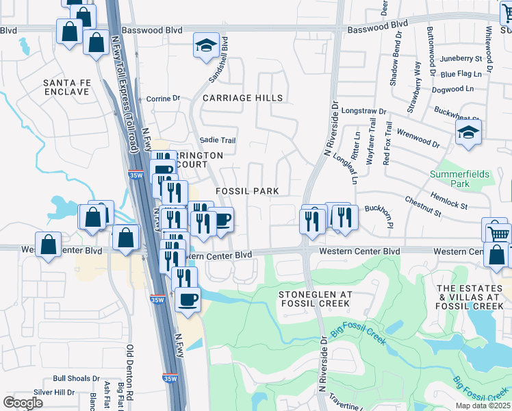 map of restaurants, bars, coffee shops, grocery stores, and more near 3411 Baby Doe Court in Fort Worth