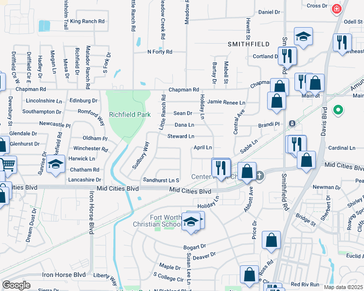 map of restaurants, bars, coffee shops, grocery stores, and more near 7443 Sandhurst Lane North in North Richland Hills