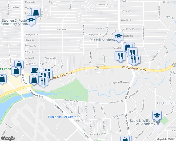 map of restaurants, bars, coffee shops, grocery stores, and more near 9150 Cochran Heights Drive in Dallas