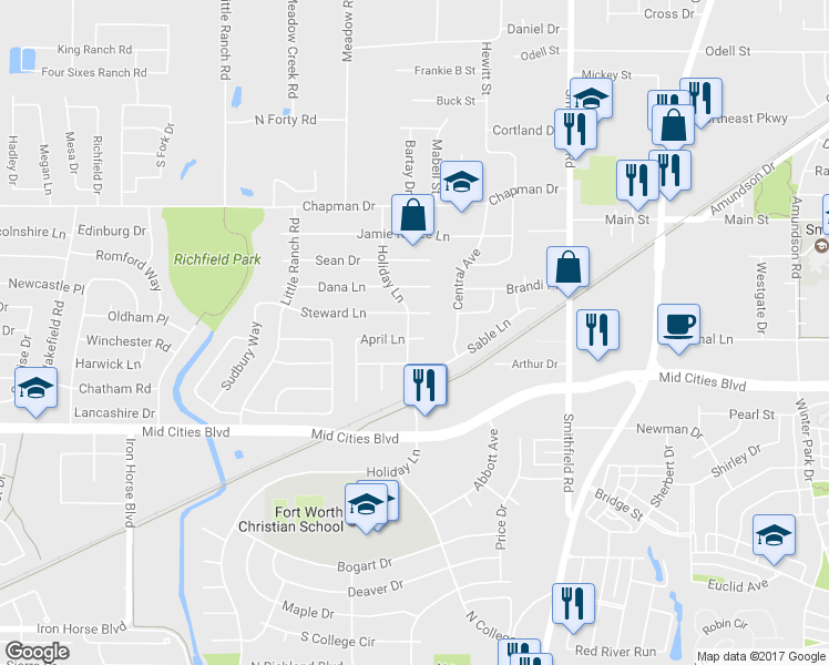 map of restaurants, bars, coffee shops, grocery stores, and more near 7603 April Court in North Richland Hills