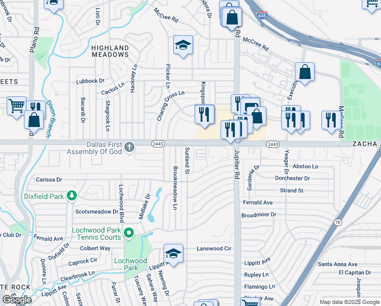 map of restaurants, bars, coffee shops, grocery stores, and more near 11218 Northwest Highway in Dallas