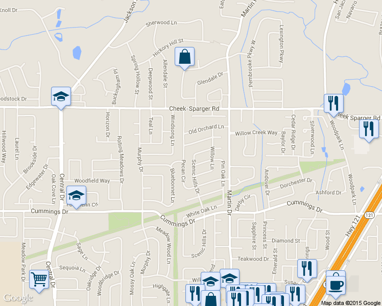 map of restaurants, bars, coffee shops, grocery stores, and more near 3445 Scenic Hills Drive in Bedford