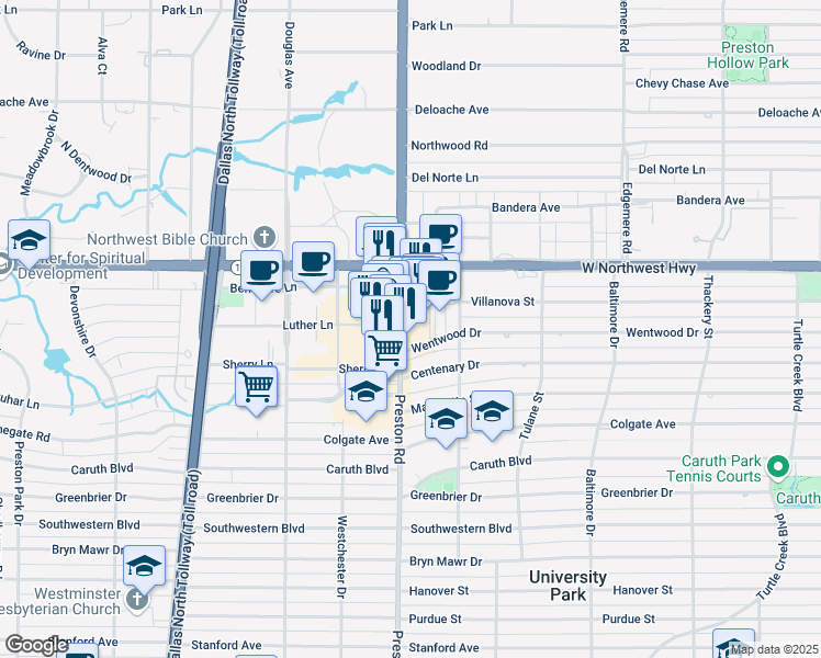 map of restaurants, bars, coffee shops, grocery stores, and more near 8416 Preston Road in Dallas