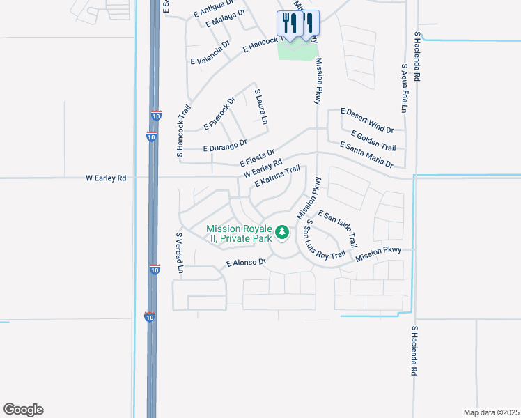 map of restaurants, bars, coffee shops, grocery stores, and more near 243 South Mission Abo Lane in Casa Grande