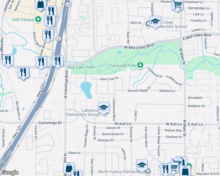 map of restaurants, bars, coffee shops, grocery stores, and more near 1804 Eden Trail in Euless