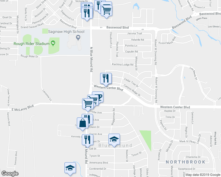 map of restaurants, bars, coffee shops, grocery stores, and more near 1716 Western Center Boulevard in Fort Worth