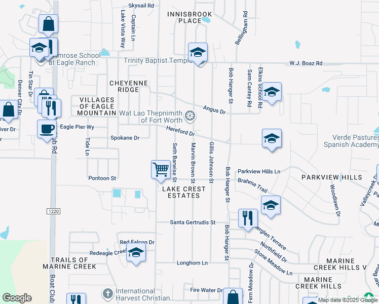 map of restaurants, bars, coffee shops, grocery stores, and more near 7009 Marvin Brown Street in Fort Worth