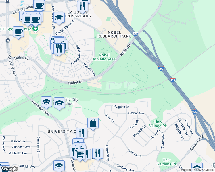 map of restaurants, bars, coffee shops, grocery stores, and more near 7150 Shoreline Drive in San Diego