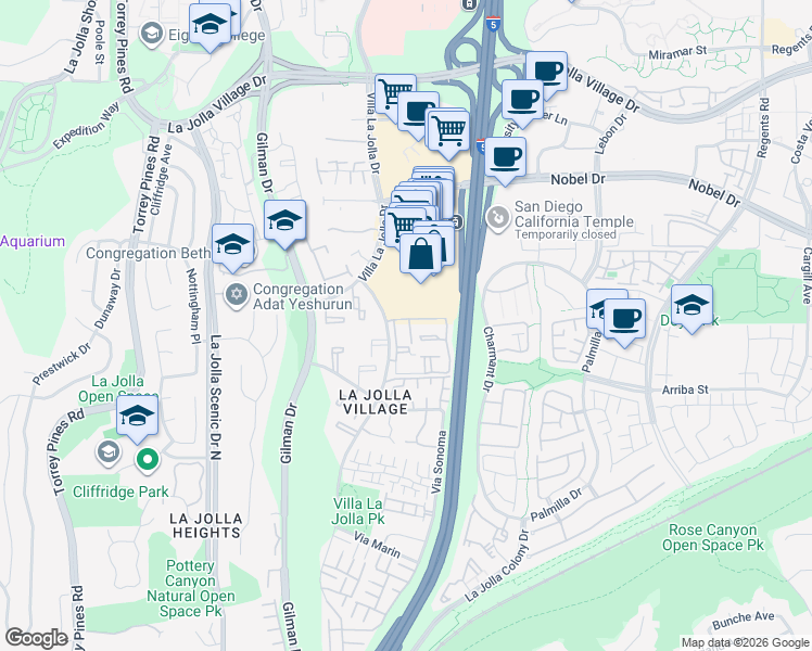 map of restaurants, bars, coffee shops, grocery stores, and more near 8597 Via Mallorca in San Diego