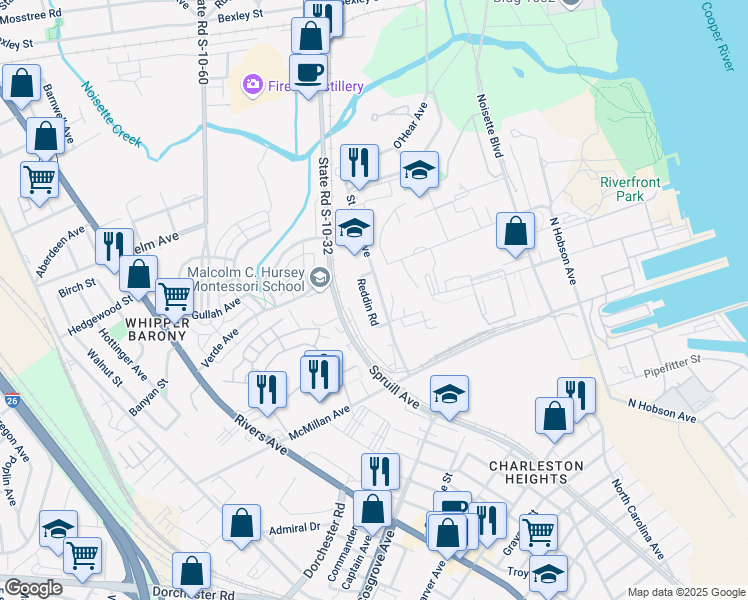 map of restaurants, bars, coffee shops, grocery stores, and more near 3835 Saint Johns Avenue in North Charleston