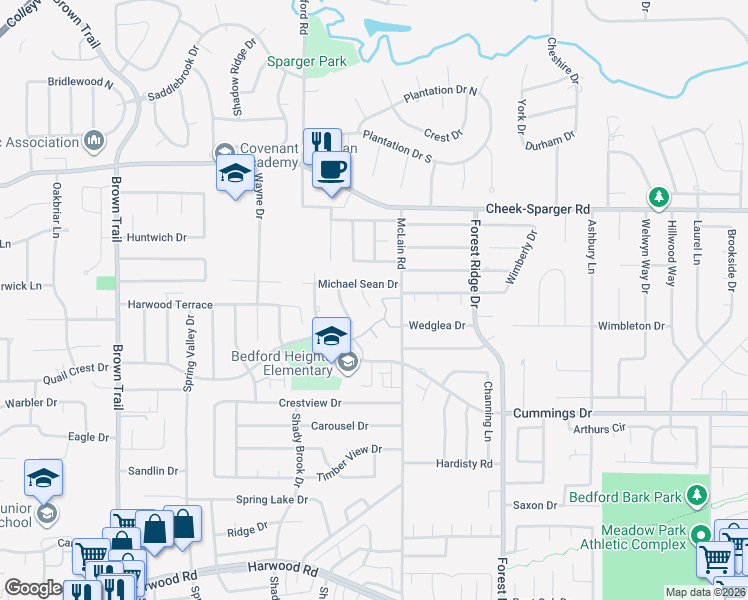 map of restaurants, bars, coffee shops, grocery stores, and more near 3612 Devon Court in Bedford