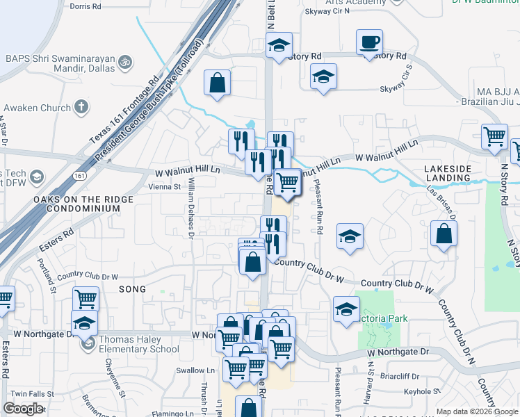 map of restaurants, bars, coffee shops, grocery stores, and more near 4075 North Belt Line Road in Irving