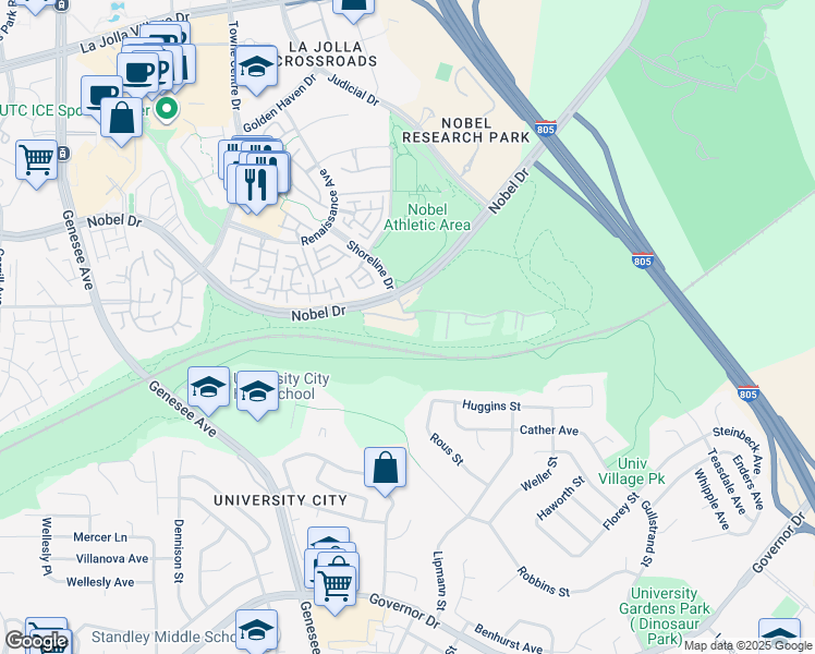 map of restaurants, bars, coffee shops, grocery stores, and more near 7120 Shoreline Drive in San Diego