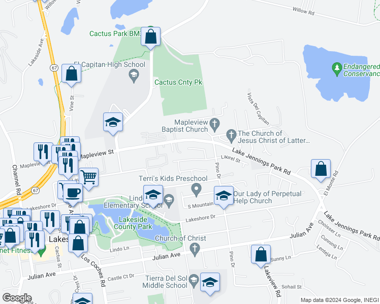 map of restaurants, bars, coffee shops, grocery stores, and more near 13115 Pam Lane in Lakeside