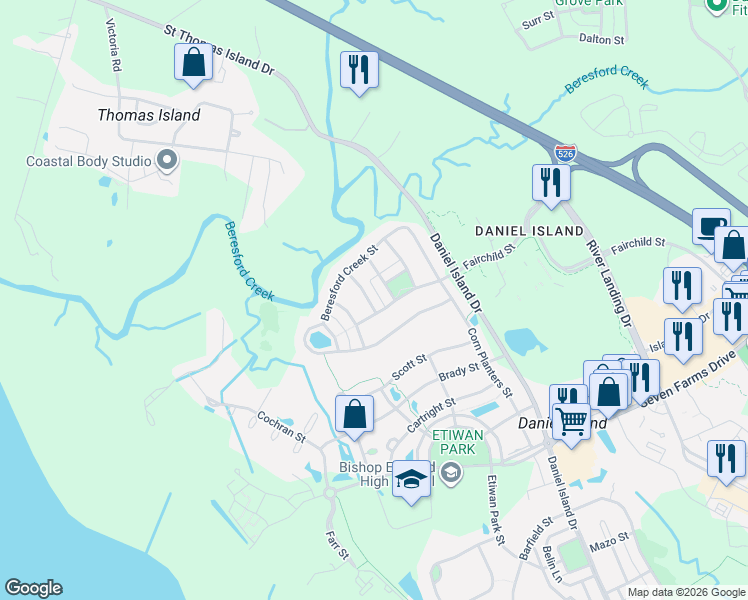 map of restaurants, bars, coffee shops, grocery stores, and more near 106 Lucia Street in Charleston