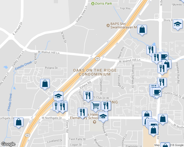 map of restaurants, bars, coffee shops, grocery stores, and more near 4004 Hanna Court in Irving