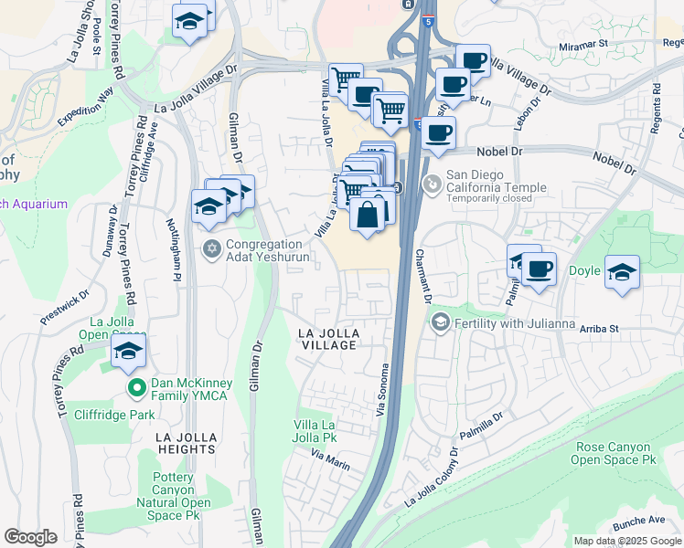map of restaurants, bars, coffee shops, grocery stores, and more near 8645 Via Mallorca in San Diego