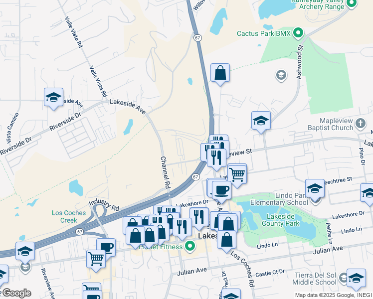 map of restaurants, bars, coffee shops, grocery stores, and more near 12374 Mapleview Street in Lakeside