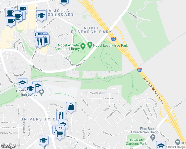 map of restaurants, bars, coffee shops, grocery stores, and more near 7180 Shoreline Drive in San Diego