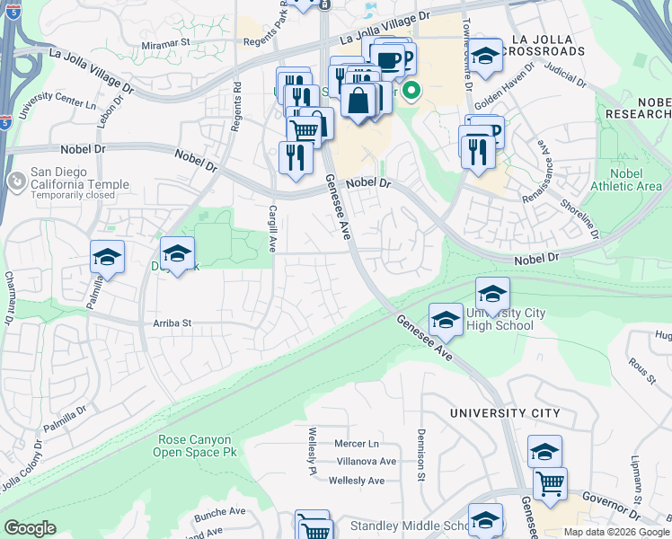 map of restaurants, bars, coffee shops, grocery stores, and more near 8027 Camino Kiosco in San Diego