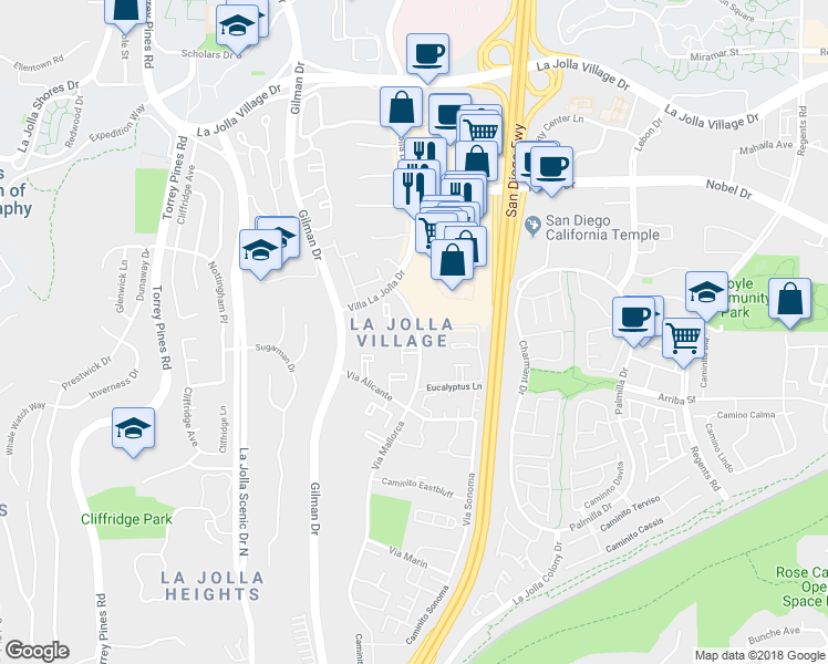 map of restaurants, bars, coffee shops, grocery stores, and more near 8650 Via Mallorca in San Diego
