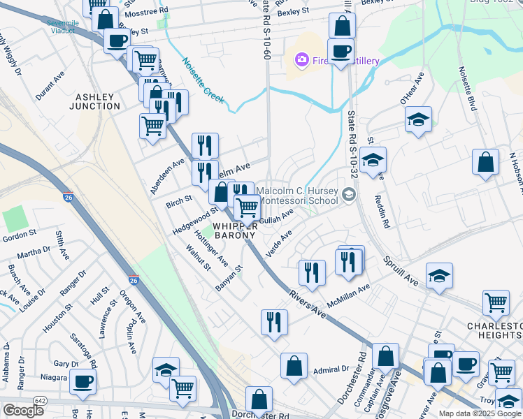 map of restaurants, bars, coffee shops, grocery stores, and more near 3916 Whipper Barony Lane in North Charleston