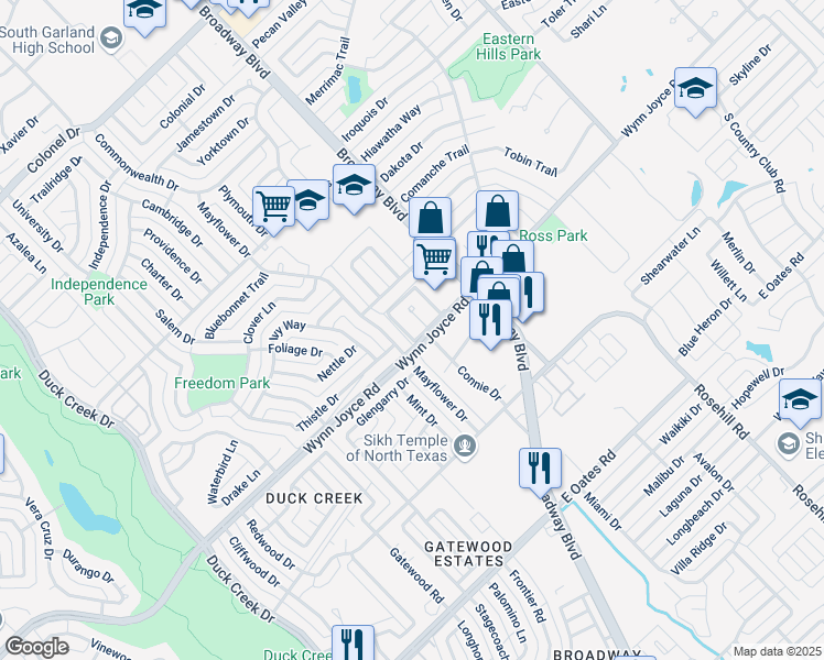 map of restaurants, bars, coffee shops, grocery stores, and more near 3933 Wyre Drive in Garland