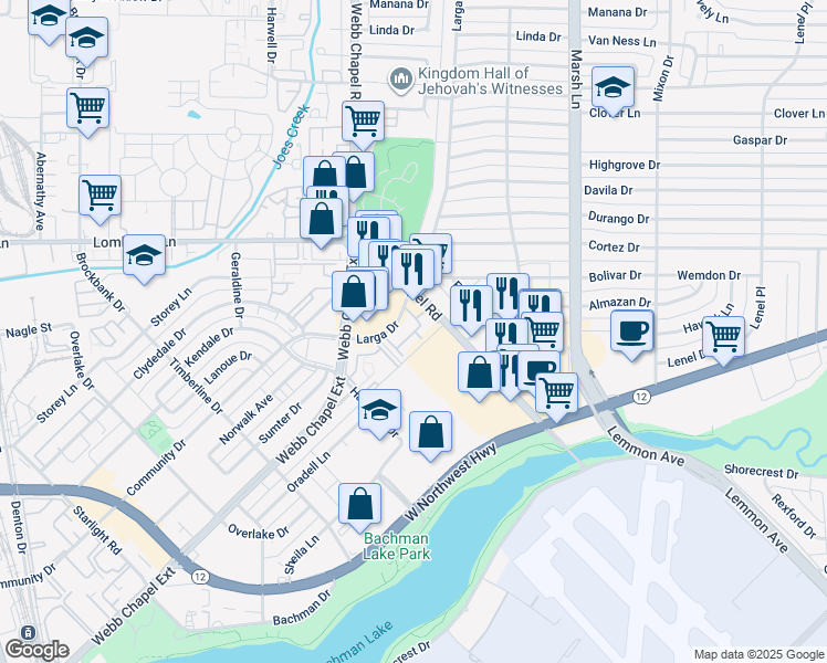 map of restaurants, bars, coffee shops, grocery stores, and more near 9494 Larga Drive in Dallas