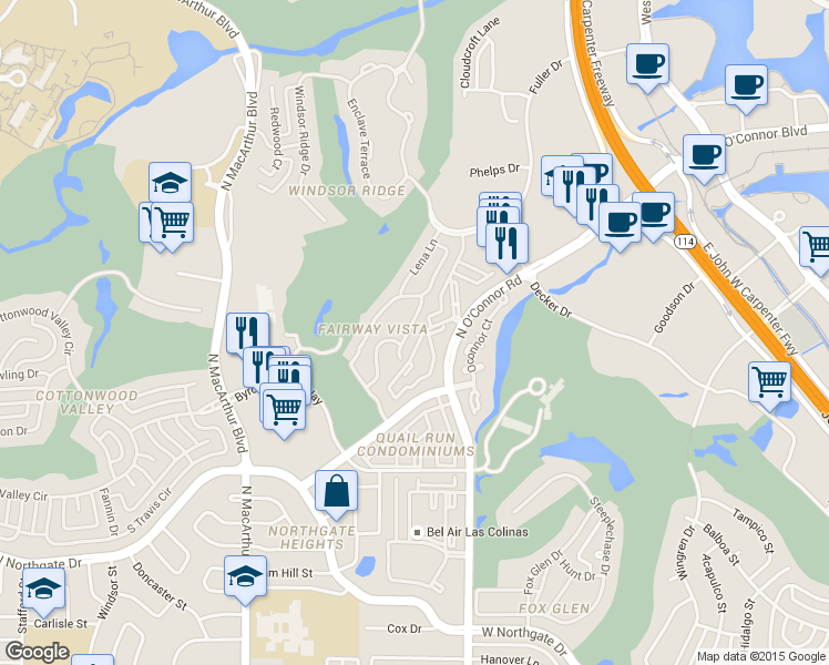 map of restaurants, bars, coffee shops, grocery stores, and more near 4316 Castle Rock Court in Irving
