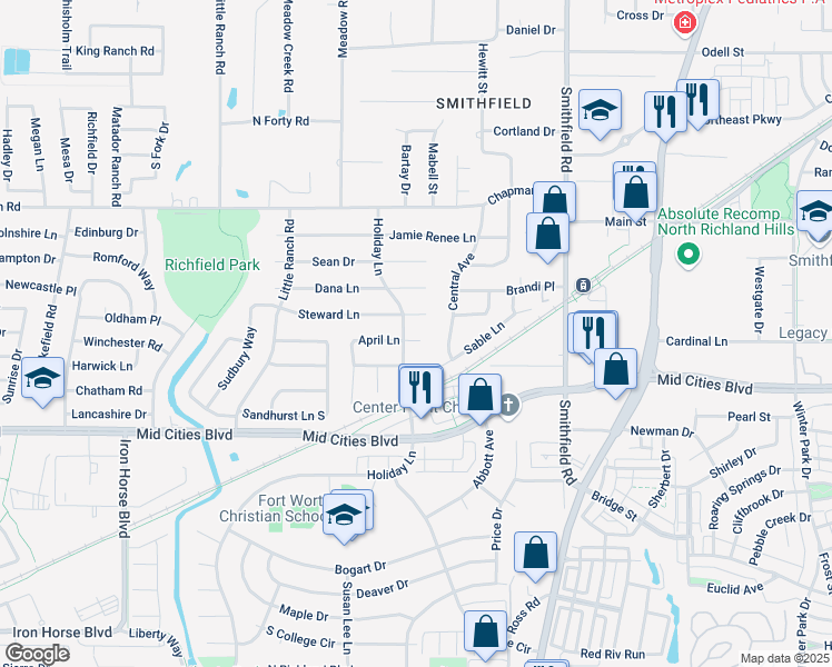 map of restaurants, bars, coffee shops, grocery stores, and more near 7603 April Court in North Richland Hills