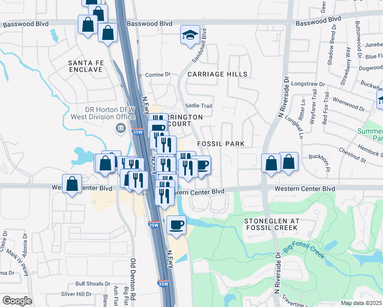 map of restaurants, bars, coffee shops, grocery stores, and more near 3301 Hartnett Way in Fort Worth