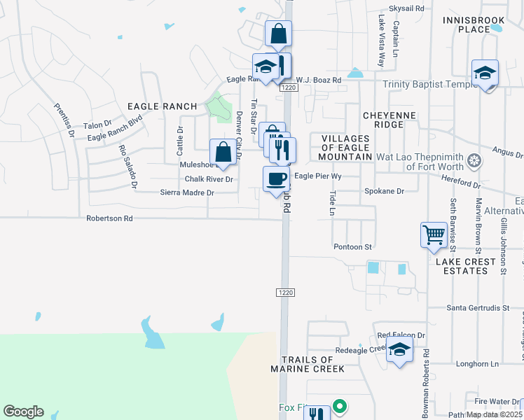 map of restaurants, bars, coffee shops, grocery stores, and more near 6400 Idle Lane in Fort Worth