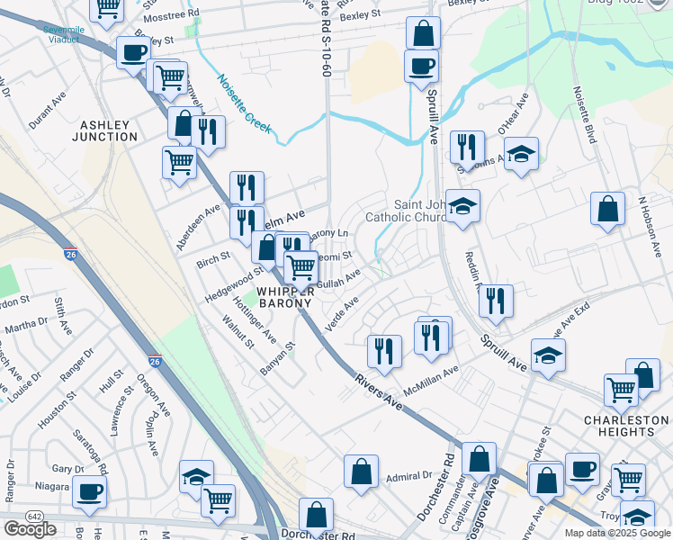 map of restaurants, bars, coffee shops, grocery stores, and more near 3925 Rhett Park Drive in North Charleston