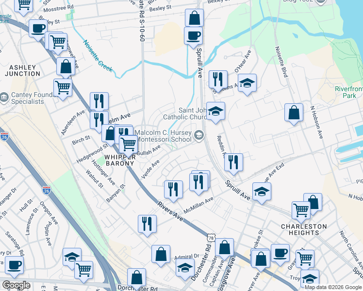 map of restaurants, bars, coffee shops, grocery stores, and more near 3881 Verde Avenue in North Charleston