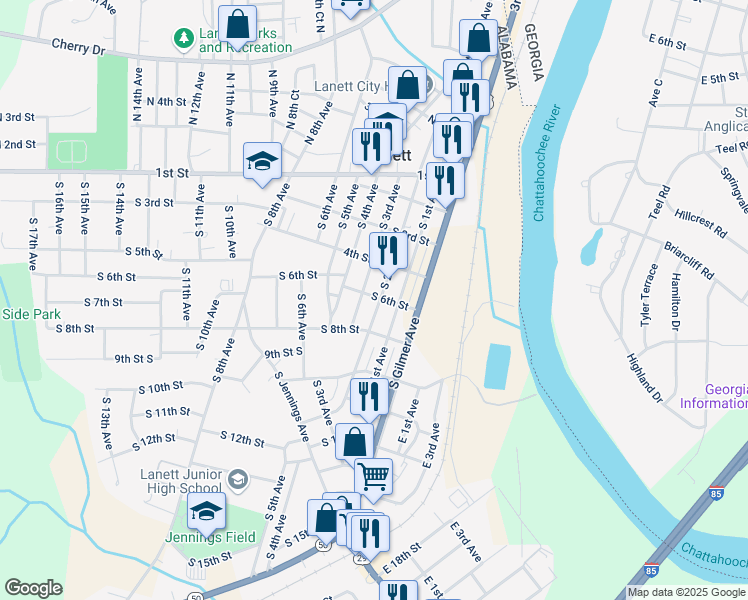 map of restaurants, bars, coffee shops, grocery stores, and more near 602 South 2nd Avenue in Lanett