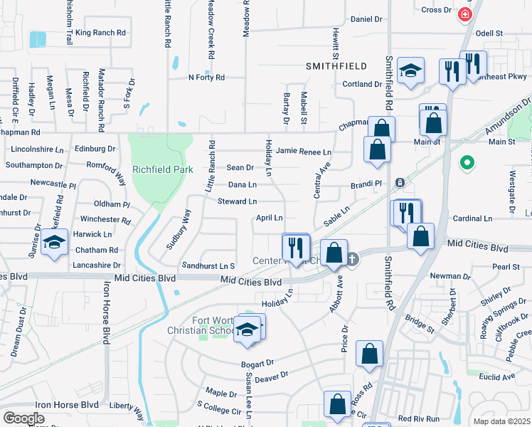 map of restaurants, bars, coffee shops, grocery stores, and more near 7515 April Lane in Fort Worth