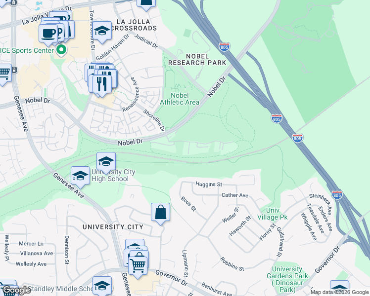 map of restaurants, bars, coffee shops, grocery stores, and more near 7150 Shoreline Drive in San Diego