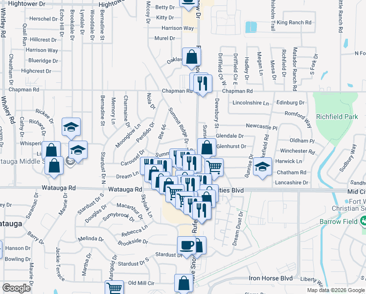 map of restaurants, bars, coffee shops, grocery stores, and more near 6625 Summertime Lane in Watauga