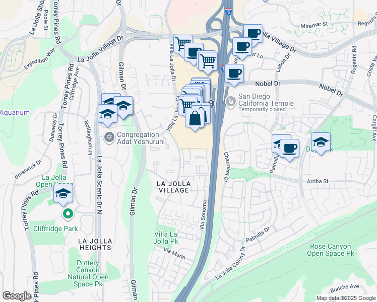 map of restaurants, bars, coffee shops, grocery stores, and more near 8597 Via Mallorca in San Diego