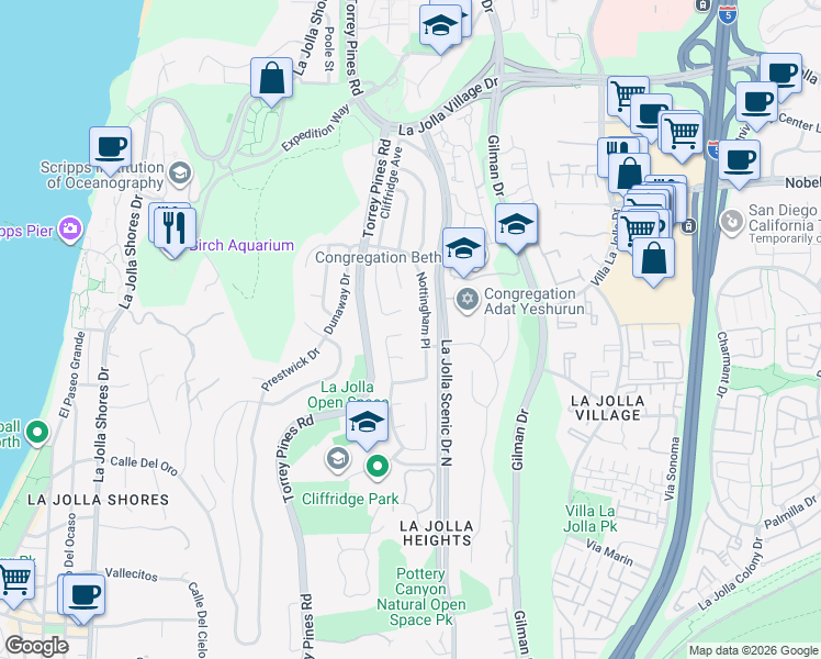 map of restaurants, bars, coffee shops, grocery stores, and more near 2890 Sugarman Court in San Diego