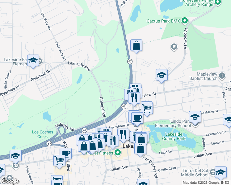 map of restaurants, bars, coffee shops, grocery stores, and more near 12374 Mapleview Street in Lakeside